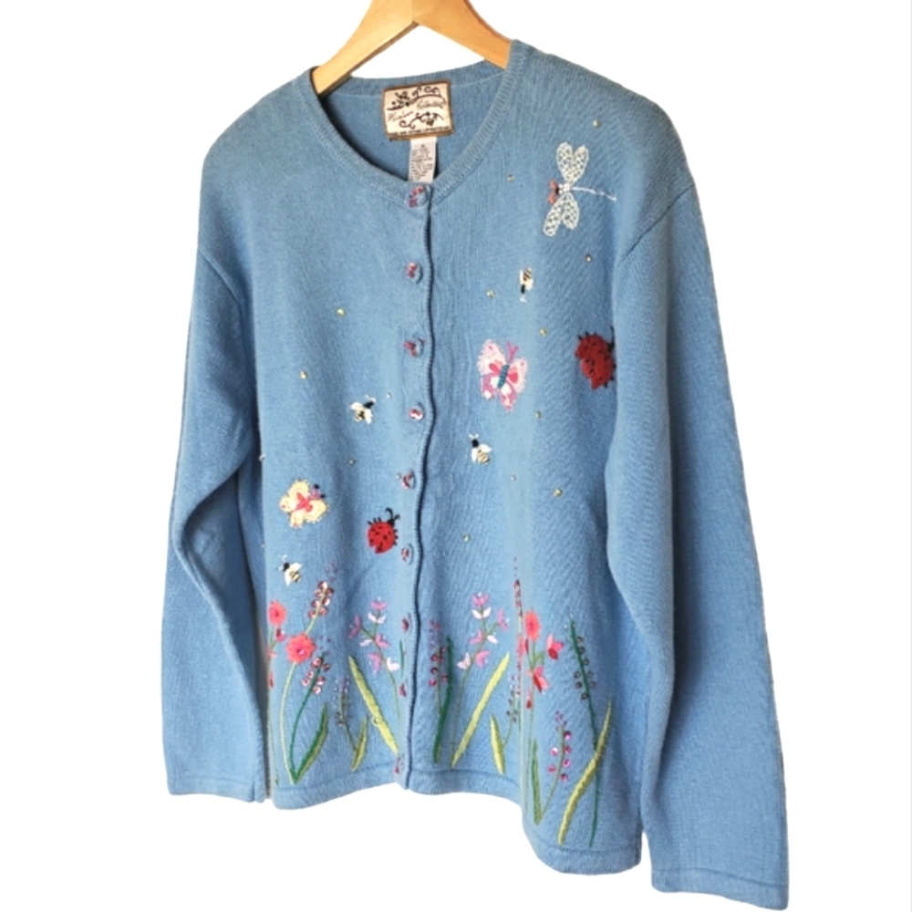 Heirloom Collectibles Vintage Blue Embroidered Sweater Size XL Ladybug Butterfly - Picture 4 of 7